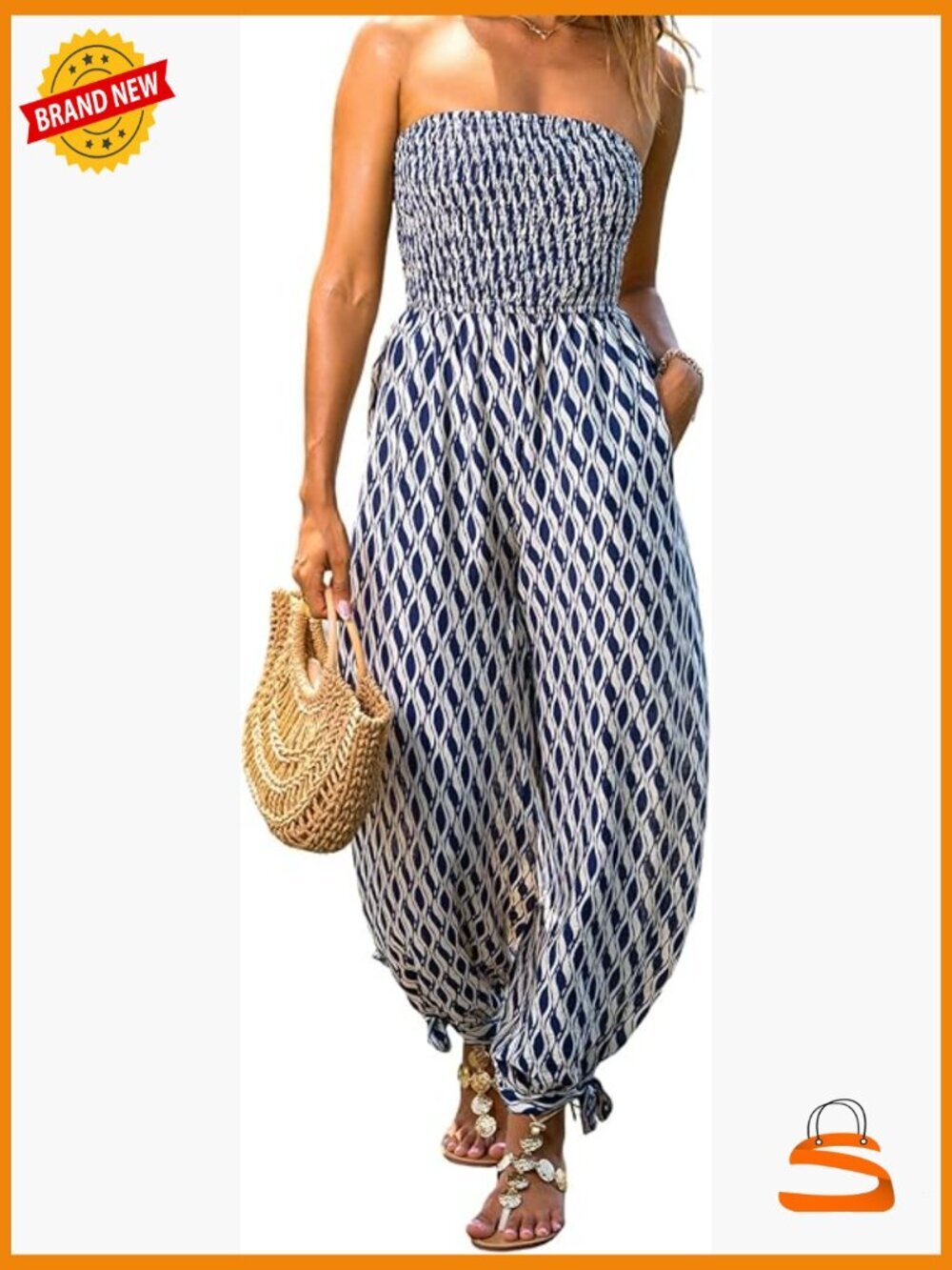 Strapless Tube Top Jumpsuit Boho Smocked Wide Leg Romper with Pockets